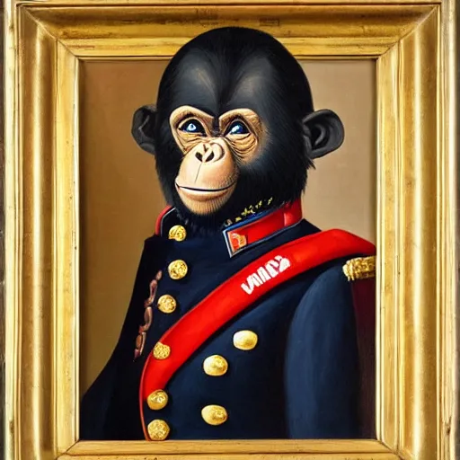 Image similar to An exquisite modern painting of a chimpanzee dressed like a bearded Napoleon with correct military uniform, no frames