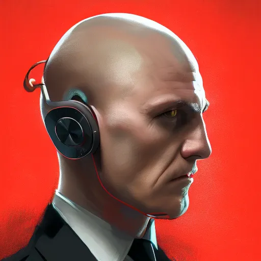 Image similar to a portrait of agent 4 7 from hitman wearing headphones, sitting in a room full of vinyl records, dark background, red rim light, highly detailed, digital art, artstation, concept art, smooth, sharp focus, greg rutkowski, wlop