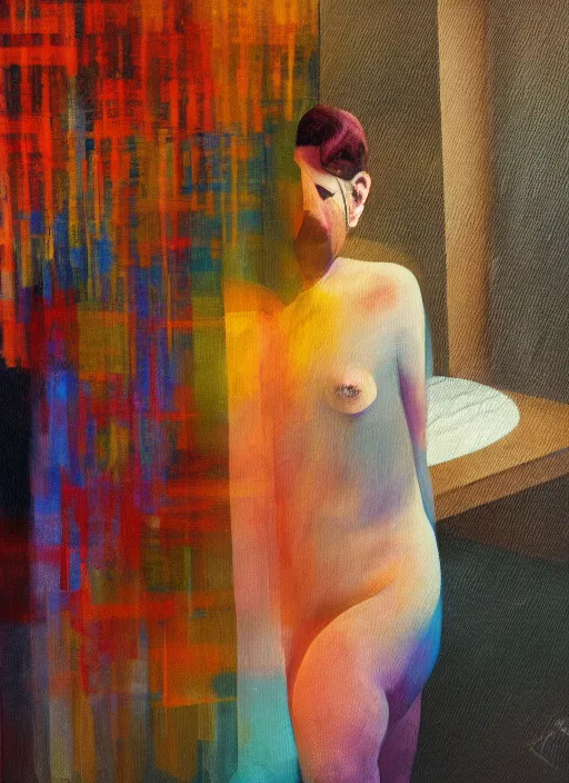 Image similar to a beautiful glitched painting by christian hook and alex kanevsky of a woman in a bathroom, still life, warm colors