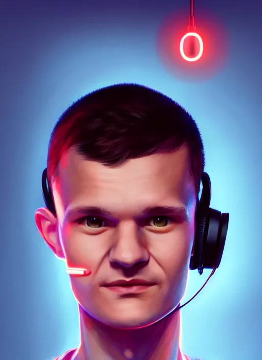 Image similar to portrait of vitalik buterin with hazel eyes, hazel colored eyes, red shirt, headphones, intricate, elegant, glowing lights, highly detailed, digital painting, artstation, concept art, smooth, sharp focus, illustration, art by wlop, mars ravelo and greg rutkowski