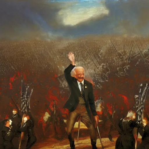 Image similar to Joe Biden leads the armies of hell, oil on canvas, 1883