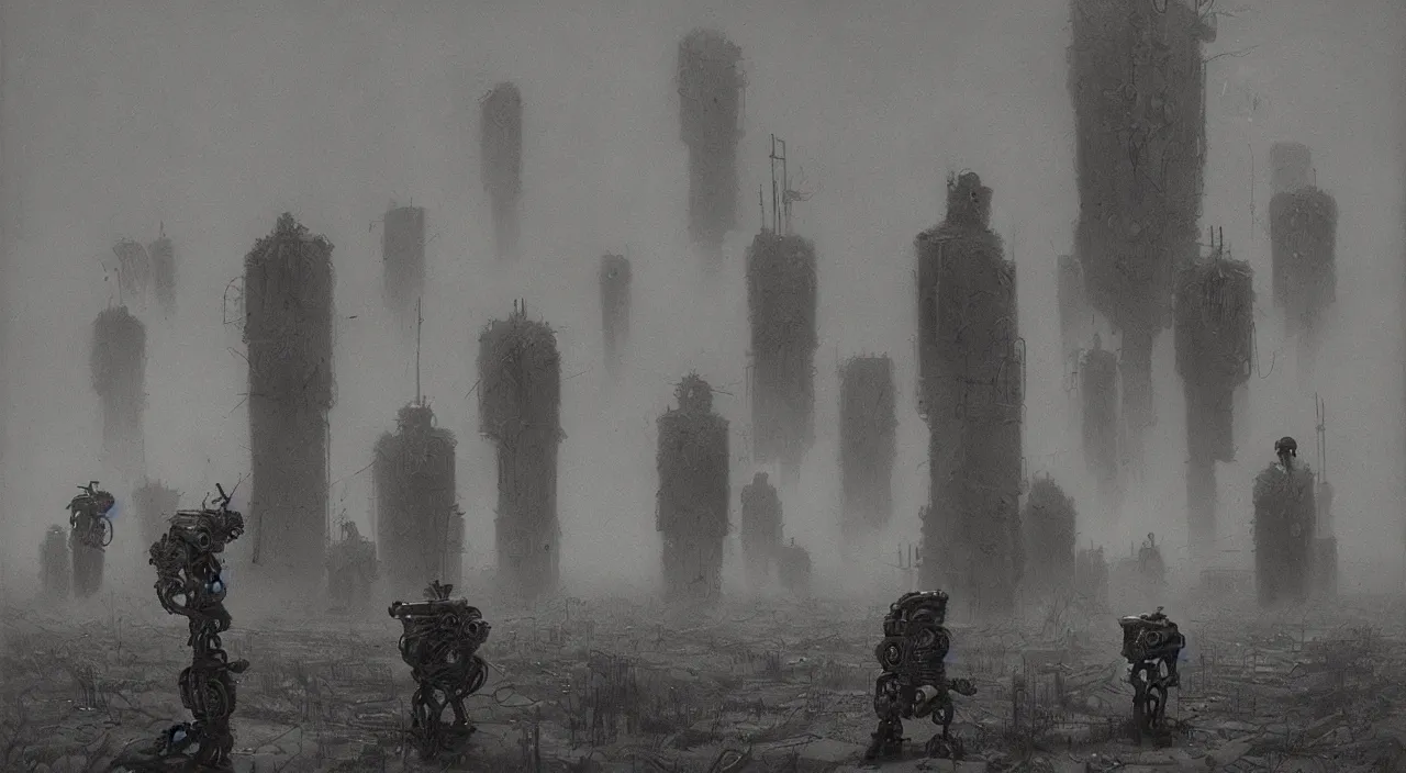 Prompt: dystopian steampunk robots harvesting humans, post apocalyptic, third reich vibes, by vladislav beksinski
