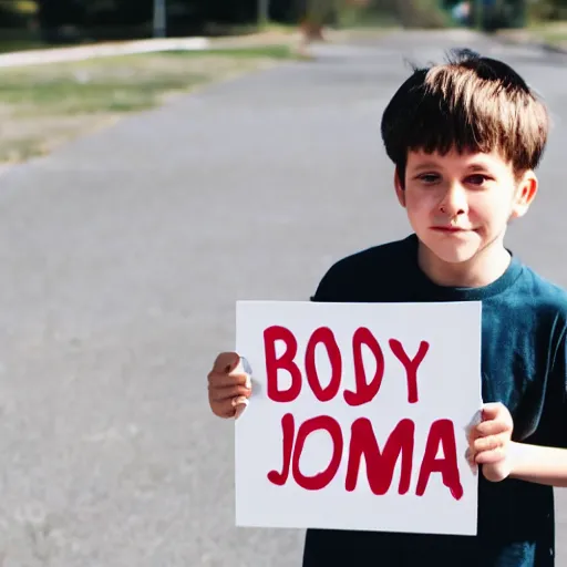 Image similar to A boy holding a sign saying, james