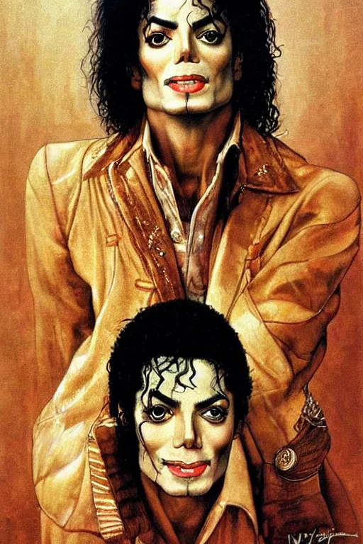 Image similar to a closer personal portrait of michael jackson with very piercing eyes, very charismatic. in the old ancient egypt. masterpiece, dark. painted by norman rockwell and james gurney