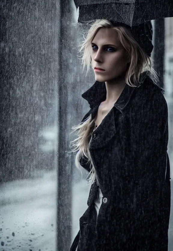 Image similar to cosmopolitan model annie leonhart posing in dunwall city, beautiful face, detailed face, realistic eyes, cinematic lighting, rainy weather, melancholy atmosphere, volumetric light, gothic architecture, realistic reflections, model agency, instagram photo, depression atmosphere, shot on sony a 7 iii