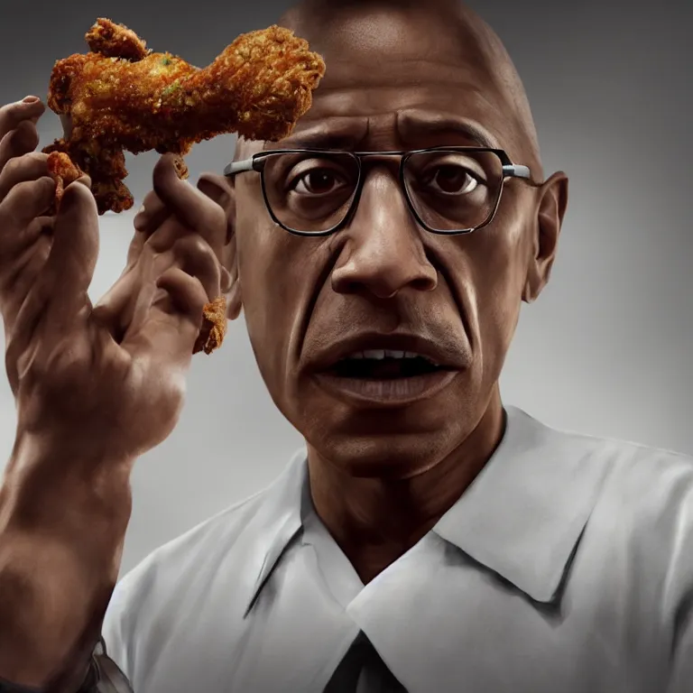 Prompt: concept art of Gustavo Fring from Breaking Bad ominously eating a fried chicken, trending on artstation, extremely detailed, cinematic lighting, cinematic angles, 8k, horror