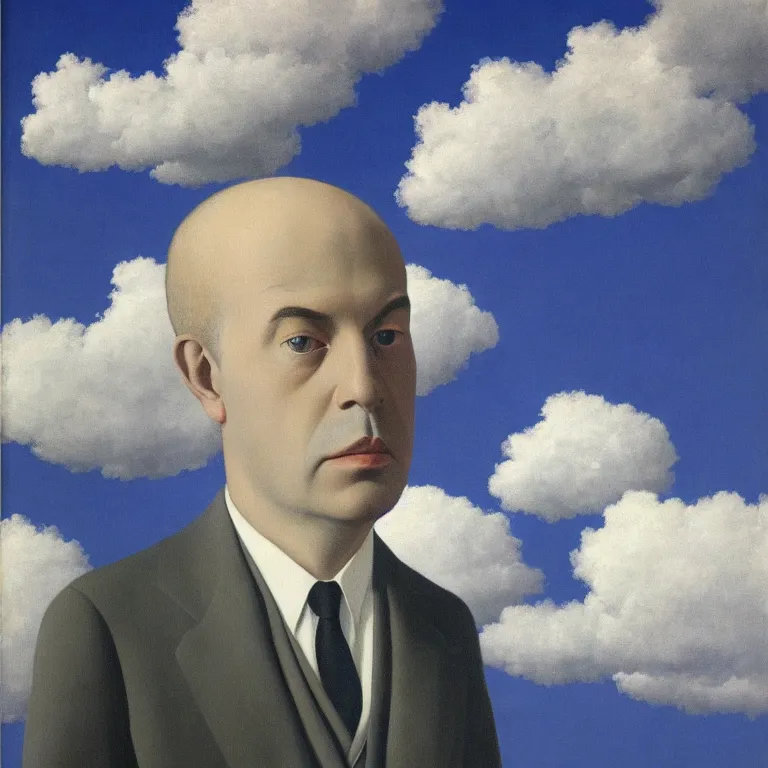 Image similar to portrait of a ghost in a suit, clouds in the background, by rene magritte, detailed painting, distance, middle centered, hd, hq, high resolution, high detail, 4 k, 8 k