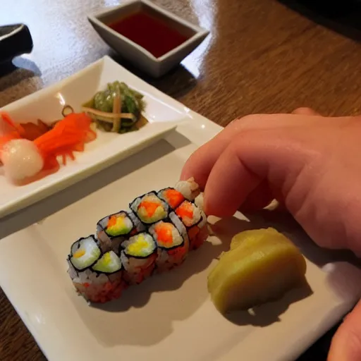 Image similar to Mr Potato Man eating sushi at a Japanese restaurant