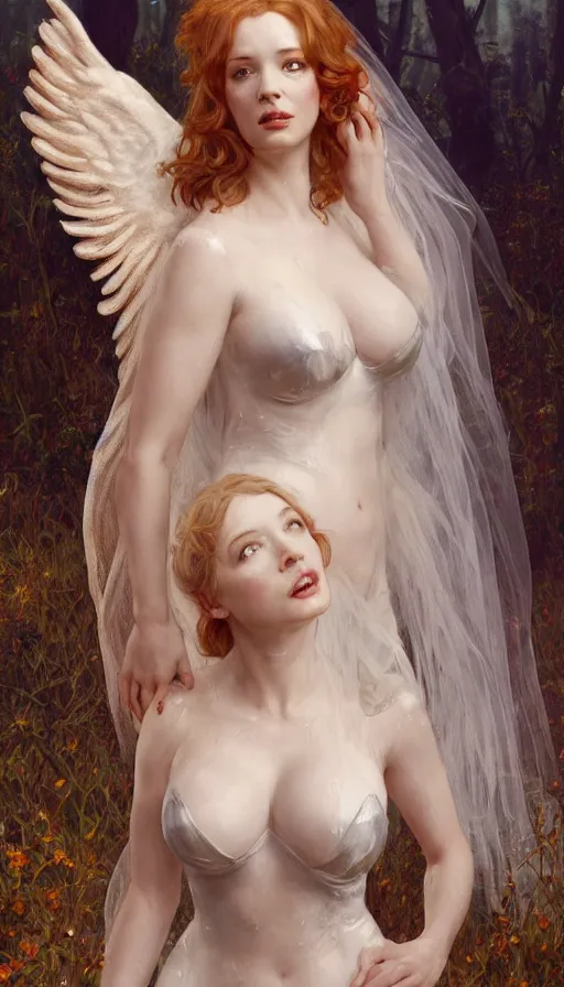 Image similar to Angel Bride, perfectly-centered-painting of young Christina Hendricks looking at the camera, hands not visible, sweaty, wet, dynamic action pose, insane, intricate, highly detailed, digital painting, artstation, concept art, smooth, sharp focus, illustration, Unreal Engine 5, 8K, art by artgerm and greg rutkowski and alphonse mucha