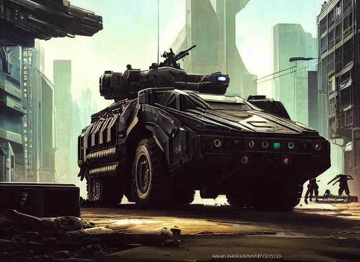 Image similar to A stryker armored vehicle as a Cyberpunk 2077 loading screen, intricate, dystopian, sci-fi, extremely detailed, digital painting, artstation, concept art, smooth, sharp focus, illustration, intimidating lighting, incredible art by artgerm and greg rutkowski and alphonse mucha and simon stalenhag