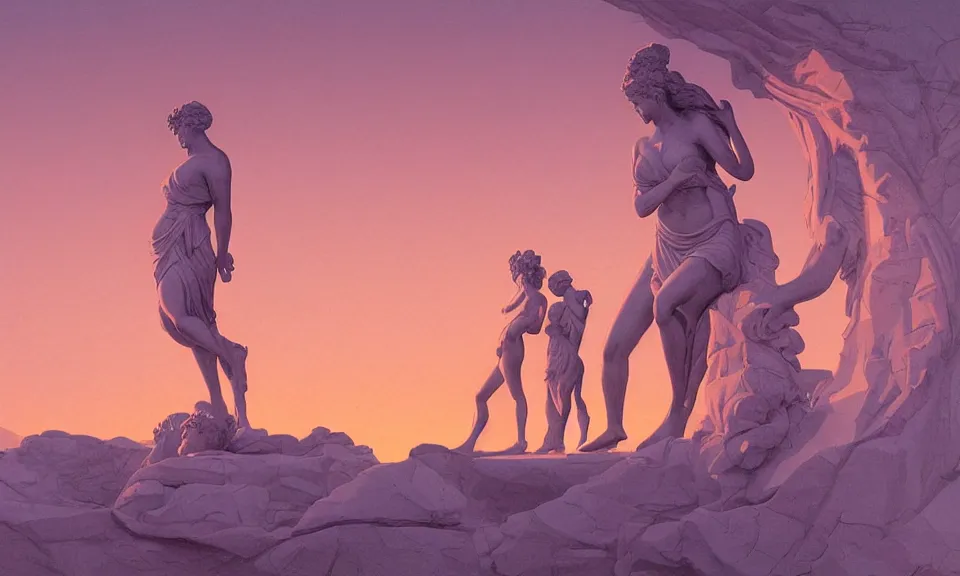 Prompt: digital painting of people revering at the base of a greek sculpture a beautiful massive female statue surrounded by dreamy coral, sunset in the desert, syd mead, syd mead color scheme, concept art