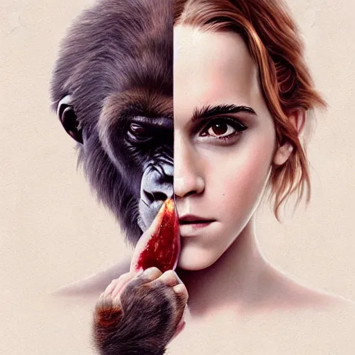 Prompt: Emma Watson in a zoo with a gorilla while she eats a banana, Charlie Bowater, Tom Bagshaw, artstation, golden ratio, artgem, cinematic lighting, cgsociety, cinematic