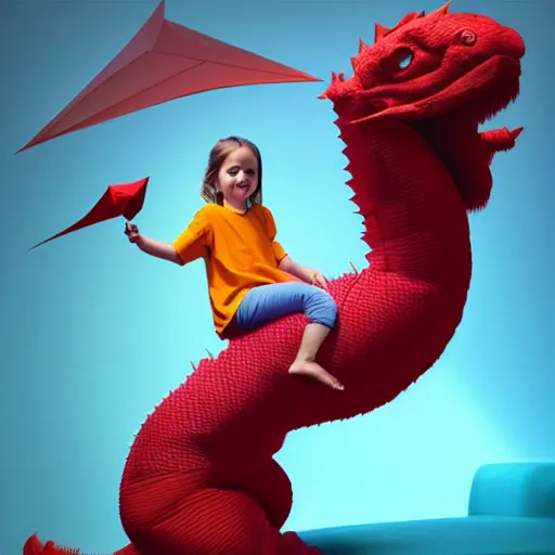 Image similar to young girl riding a giant red dragon stuffed toy in her room painting by beeple, 8k, ultra realistic, digital art