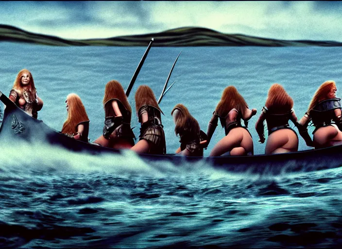 Image similar to photo of beautiful angry viking women in speed boats invading scottland, by richard corben by william eggleston by annie leibovitz, fujifilm velvia 5 0. masterpiece. intricate, hyper realism, high detail, octane render, unreal engine, 8 k, by katsuhiro otomo