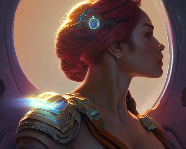 Image similar to scifi woman, deep focus, d & d, fantasy, intricate, elegant, highly detailed, digital painting, artstation, concept art, matte, sharp focus, illustration, hearthstone, photorealism, soft volumetric lights, art by moebius and artgerm and greg rutkowski and alphonse mucha