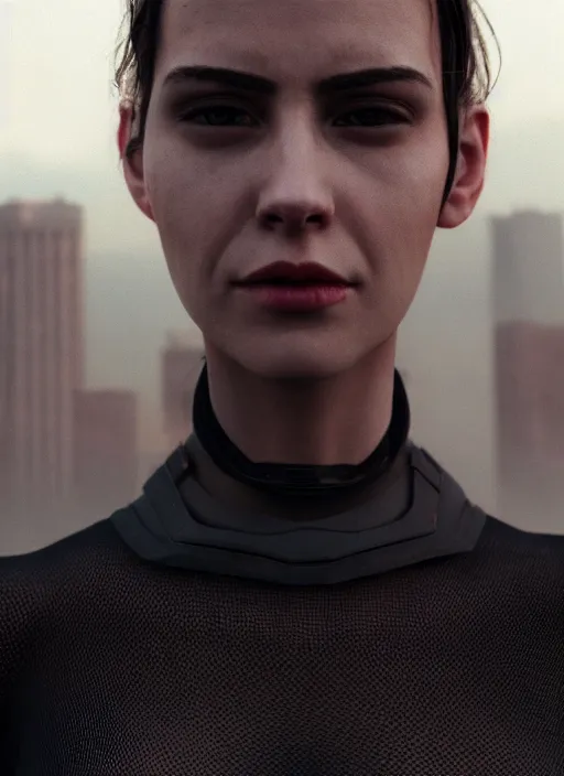 Image similar to cinestill 5 0 d photographic portrait of loving female androids wearing rugged black mesh techwear in a desolate american city, extreme closeup, modern cyberpunk, dust storm, 8 k, hd, high resolution, 3 5 mm, f / 3 2, ultra realistic faces, ex machina