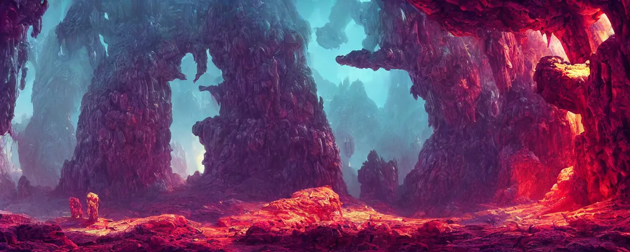 Image similar to ” crystal caverns alien landscape, [ beautiful, cinematic, detailed, epic, widescreen, opening, establishing, mattepainting, photorealistic, realistic textures, octane render, art by slop and paul lehr ] ”