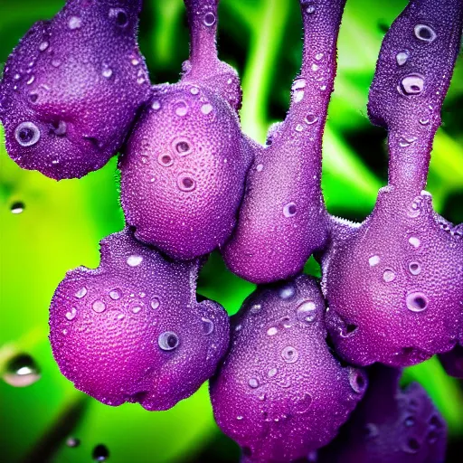 Prompt: closeup shot of alien jungle fruit covered in dew drops, looming milky purple mist in the background, tilt shift, low angle