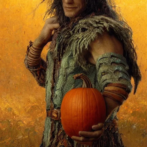 Prompt: a warrior made of wicker and gourds, pumpkin head, autumnal, fantasy character portrait by gaston bussiere, craig mullins