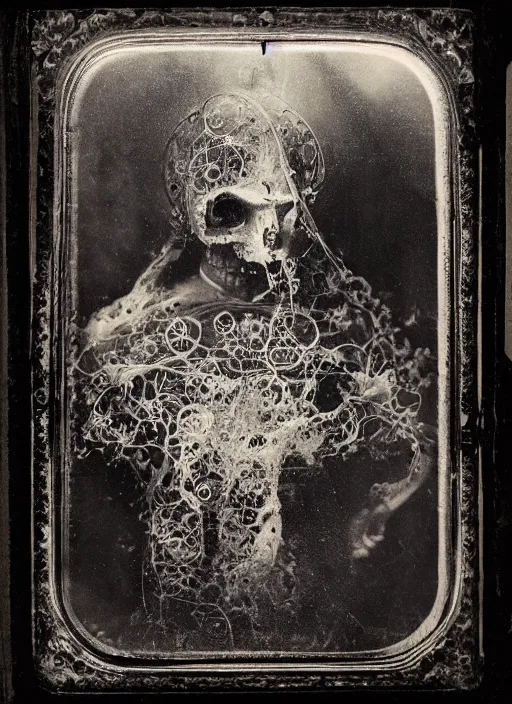 Image similar to old wetplate daguerreotype portrait of the necromancer, explosion of data fragments, fractal, intricate, elegant, highly detailed, parallax, leica, medium format, subsurface scattering, by jheronimus bosch and greg rutkowski and louis jacques mande daguerre