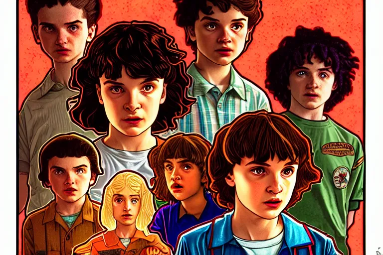 Image similar to closeup shot from the animated version Stranger Things, cartoon, detailed faces, high resolution, hyper detailed, intricate, illustrated, dramatic lighting, illustration, artstation, concept art, smooth, sharp focus, art by Alphonse Mucha and Matt Groening !n-9