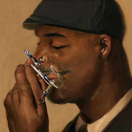 Prompt: a hyper-detailed portrait of a man smoking a blunt after a hard day at work, this painting is very emotional, expressive