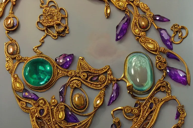 Image similar to highly detailed oil painting, front view, very realistic gemstones, art nouveau, ornate, delicate, brilliant precious gemstones necklace, necklace on display, dramatic light,