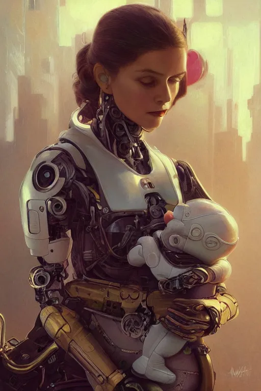 Image similar to ultra realistic illustration, robot woman carrying a baby + face, cyberpunk, sci - fi, fantasy, intricate, elegant, highly detailed, digital painting, artstation, concept art, smooth, sharp focus, illustration, art by artgerm and greg rutkowski and alphonse mucha