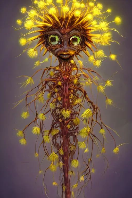 Image similar to a humanoid figure dandelion plant monster, amber eyes, highly detailed, digital art, sharp focus, ambient lighting, glowing, full body, trending on art station, anime art style