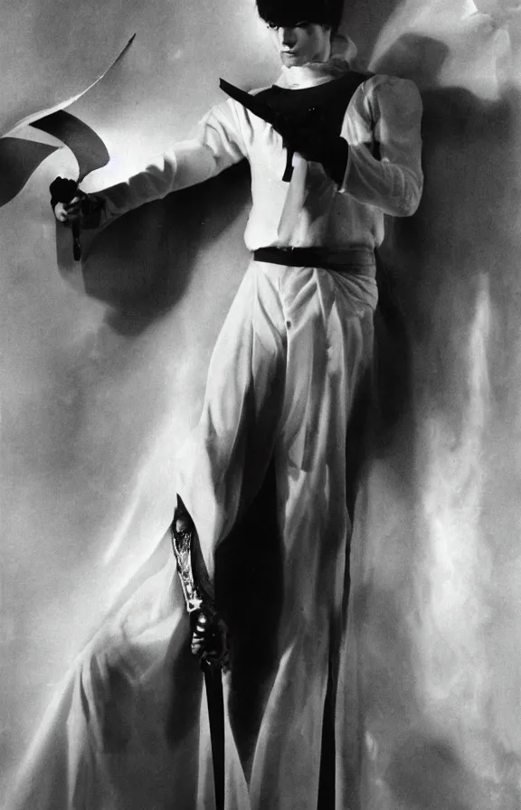 Prompt: Slim Male Fantasy assasin; White Clothes; Translucent neonbright daggers; Vintage Photograph;