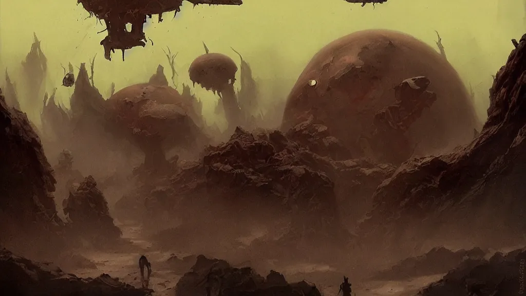 Image similar to eerie atmospheric alien worlds by john schoenherr and glenn barr, epic cinematic matte painting