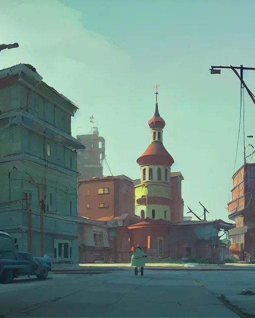 Image similar to a beautiful painting of old soviet city, by simon stalenhag, cory loftis, james gilleard, atey ghailan, makoto shinkai, goro fujita, studio ghibli, rim light, exquisite lighting, clear focus, very coherent, plain background, soft painting