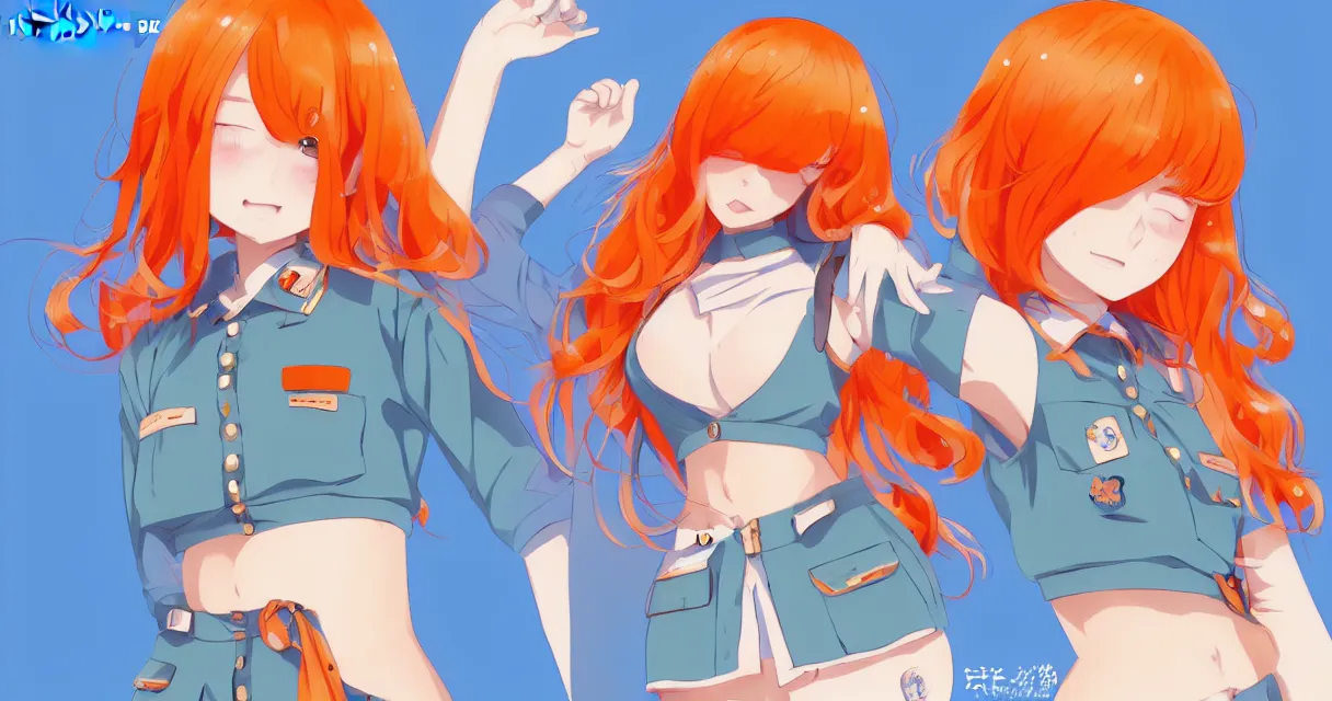 Prompt: very beautiful young anime girl with short orange hair, dressed in soviet pioneer uniform, full body, long wavy blonde hair, sky blue eyes, full round face, bikini, miniskirt, front view, middle, highly detailed, colored manga drawing by wlop popular on artstation