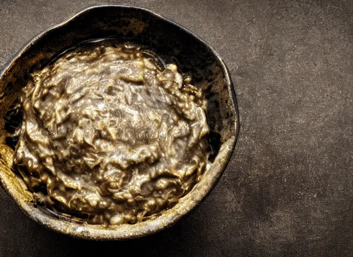 Prompt: top down blurry photograph of a bowl filled with strange greasy slop sitting next to a monitor, blurry, poor lighting, photorealistic, dark, junk littered around