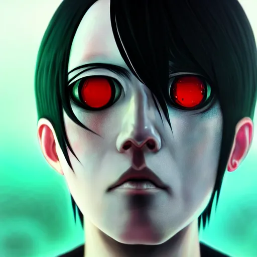Prompt: i see you palp by junji ito, green red black blue eyes and long black hair by junji ito, painted by junji ito, rtx reflections, octane render 1 2 8 k, extreme high intricate details by wlop, digital anime art by ross tran, wide shot, composition by ross tran, lighting by wlop