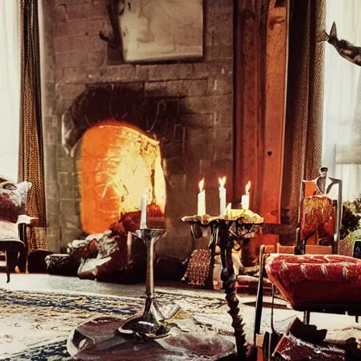 Prompt: A photograph of the Gryffindor common room, cozy arm chairs, a fire burning in the hearth, high ceilings, lit by many candles, light rays, magic aura, bloom, mysterious, a bat kitten sits there