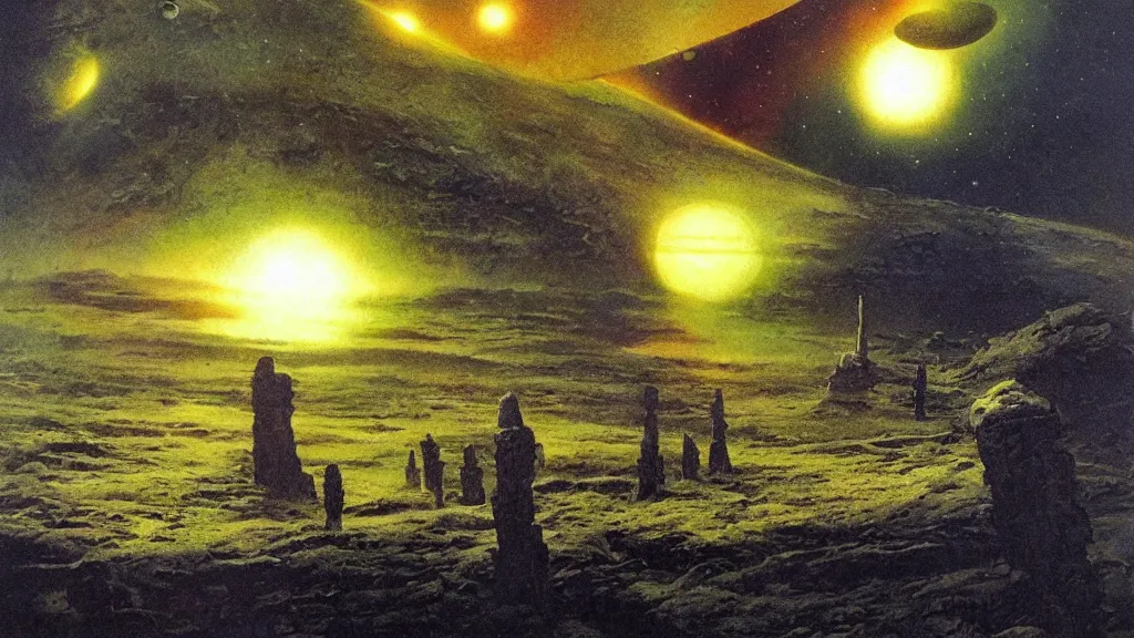 Image similar to eerie atmospheric alien planet empire by jack gaughan and bob eggleton and chris moore, epic cinematic matte painting