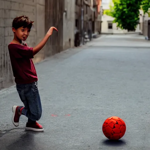 Image similar to a boy playing with a ball in the street 2 0's style