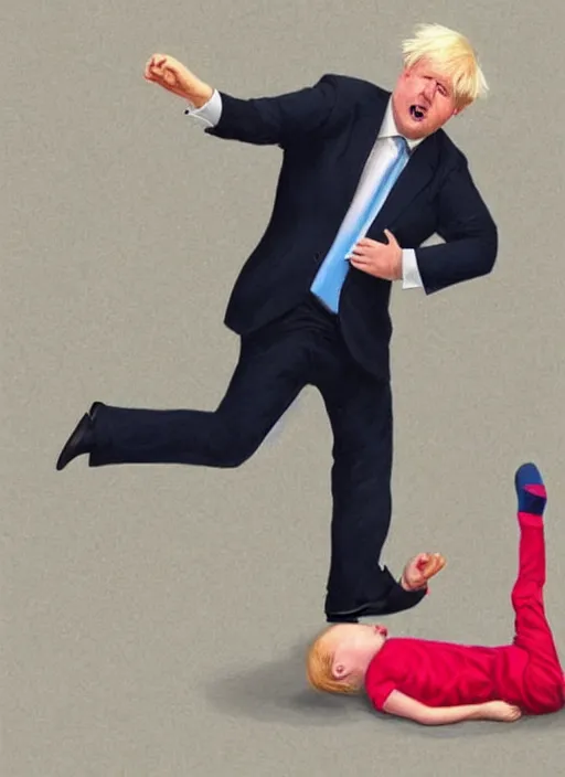 Image similar to Photorealistic painting of Boris Johnson kicking a child version of rishi sunak