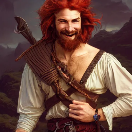 Prompt: portrait of a young ruggedly handsome but joyful pirate, male, masculine, upper body, red hair, long hair, d & d, fantasy, giddy smirk, intricate, elegant, highly detailed, digital painting, artstation, concept art, matte, sharp focus, illustration, art by artgerm and greg rutkowski and alphonse mucha