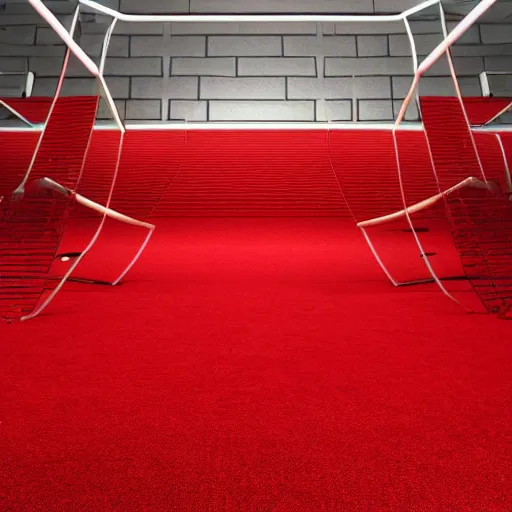 Image similar to a red carpet floor. a chair sits off to one side. the chair has wires extending offscreen.