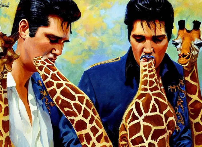 Image similar to a highly detailed beautiful portrait of elvis presley with a giraffe, by gregory manchess, james gurney, james jean