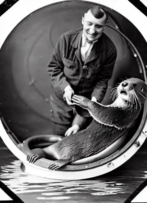 Image similar to an otter repairing a bathysphere, vintage photograph