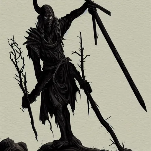 Prompt: gaunt bald pale white tiefling holding a staff made of gnarled wood, black raven sitting on staff, looming silhouette of undead god on horizon, three moons, illustration, sharp focus, highly detailed, digital painting