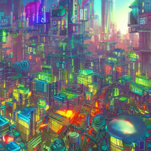 Prompt: Lively, colorful, solarpunk fantasy city. Trending on ArtStation