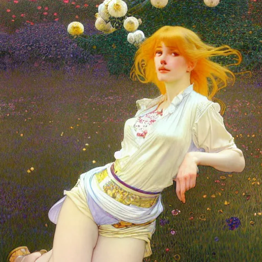 Image similar to A playful young woman with blonde long hair and bangs in shorts and a white blouse drawn by Zeronis and Donato giancola and Robert McGinnis and alphonse mucha, background by James Jean and gustav klimt, 4k, sunny day, volumetric lighting, french nouveau, trending on artstation, octane render, hyperrealistic