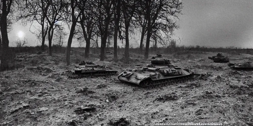 Image similar to a calm WW2 battlefield at night, Eastern Front, stars, wintertime, trenches, wrecked tanks