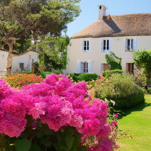 Image similar to ile de re house with a garden full of tremiere rose, two stores, white walls, orange roof