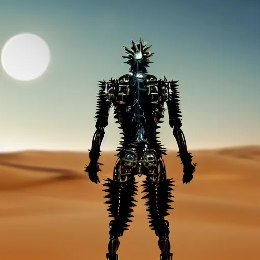 Image similar to a scary cyborg with long spikes walking in the desert, photorealistic, symmetrical 4k