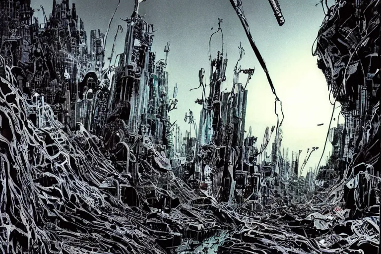 Image similar to no man's land, remnants of the human civilization, post-apocalyspe, a color illustration by Tsutomu Nihei and Katsuhiro Otomo